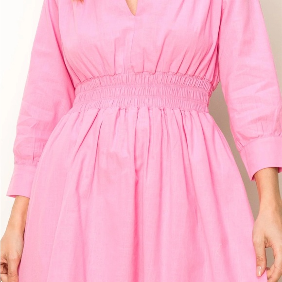 New Pink V Neck Short Sleeve Smocked Mini Dress - Picture 4 of 4